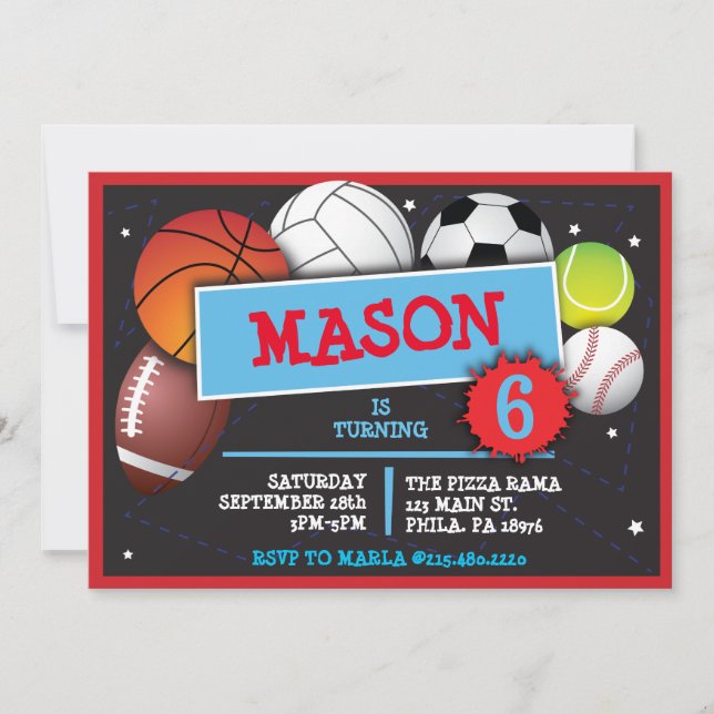 Invitación a fiesta de cumpleaños de SPORTS BALLS (Anverso)