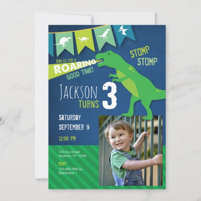 Invitación a fiesta de cumpleaños de T REX Dinosau (Anverso)