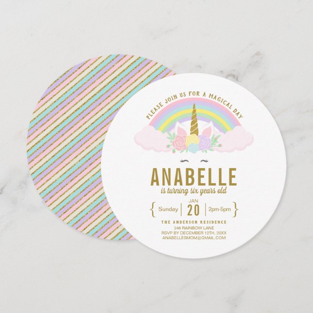 Invitación a fiesta de cumpleaños de Unicornio Pur (Anverso / Reverso)