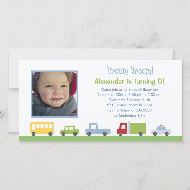 Invitación a fiesta de cumpleaños de Vroom Cars Fo (Anverso)