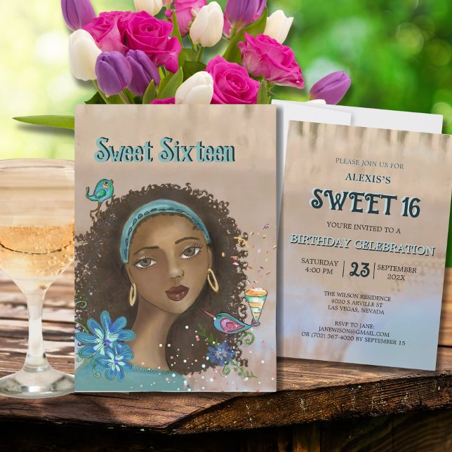 Invitación a fiesta de cumpleaños del Chica afroam ( Afro-American Girl Sweet 16 Birthday Party Invite)
