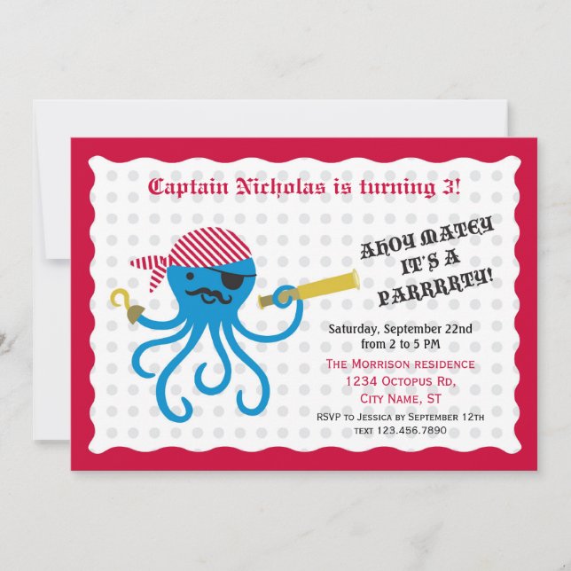 Invitación a fiesta de cumpleaños del pulpo pirata (Anverso)