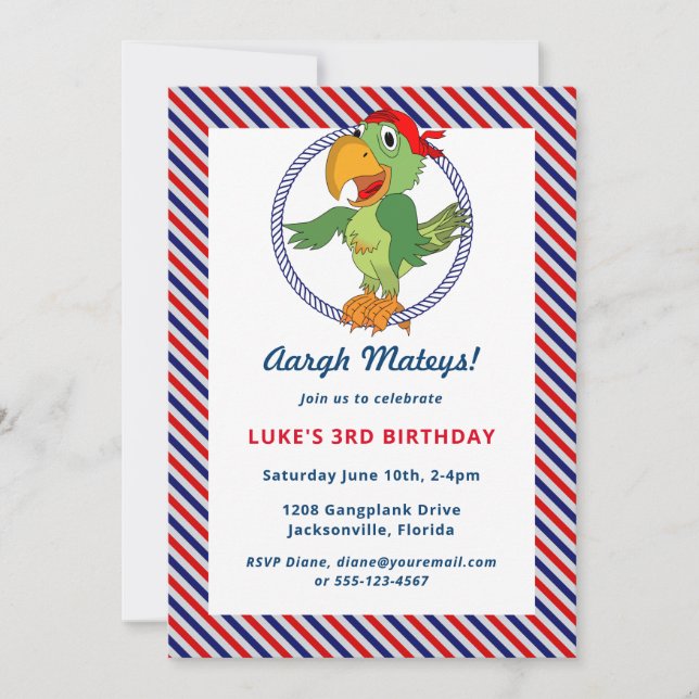 Invitación a fiesta de cumpleaños del tema del pir (Anverso)