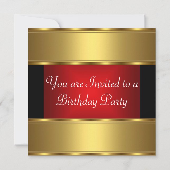 Invitación a Fiesta de Cumpleaños Dorado Negro Roj (Anverso)