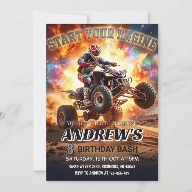 Invitación a fiesta de cumpleaños en cuatrimoto AT (Anverso)