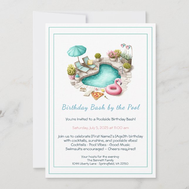 Invitación a fiesta de cumpleaños en la piscina co (Anverso)
