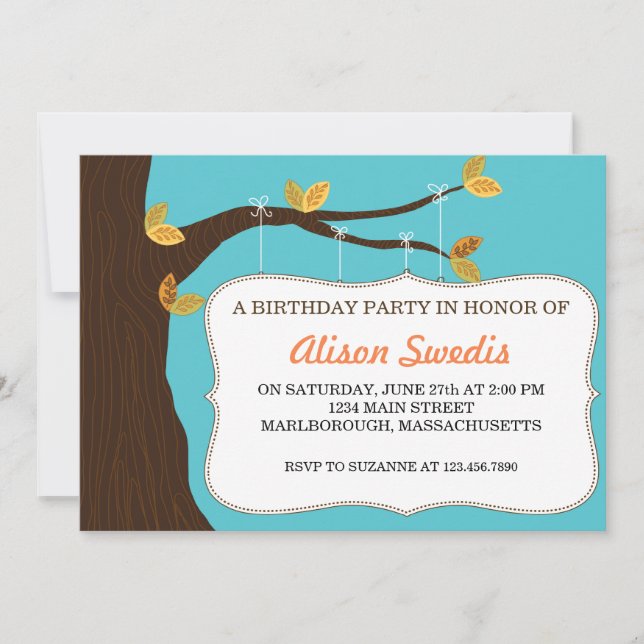 Invitación a fiesta de cumpleaños feliz árbol (Anverso)
