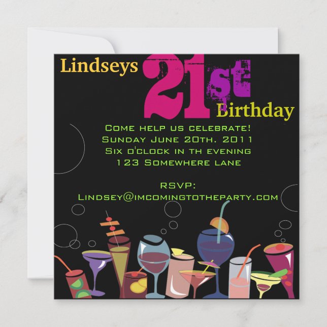 Invitación a fiesta de cumpleaños feliz número 21 (Anverso)