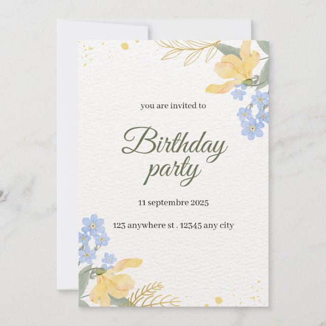 Invitación a fiesta de cumpleaños floral (Anverso)