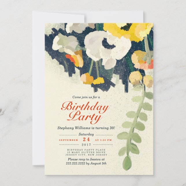 Invitación a fiesta de cumpleaños floral blanca y  (Anverso)