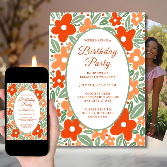Invitación a fiesta de cumpleaños floral de Retro  (Subido por el creador)
