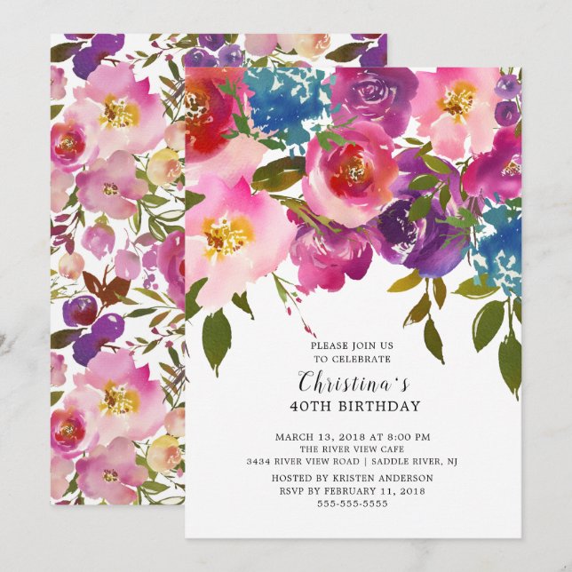 Invitación a fiesta de cumpleaños floral rosa y pú (Anverso / Reverso)