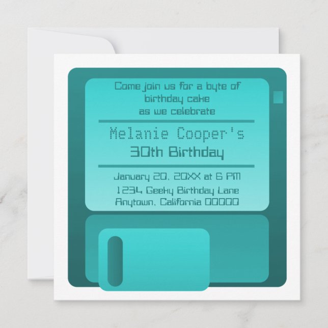 Invitación a fiesta de cumpleaños geek de Floppy D (Anverso)