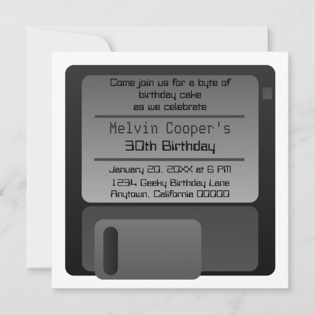 Invitación a fiesta de cumpleaños geek de Floppy D (Anverso)