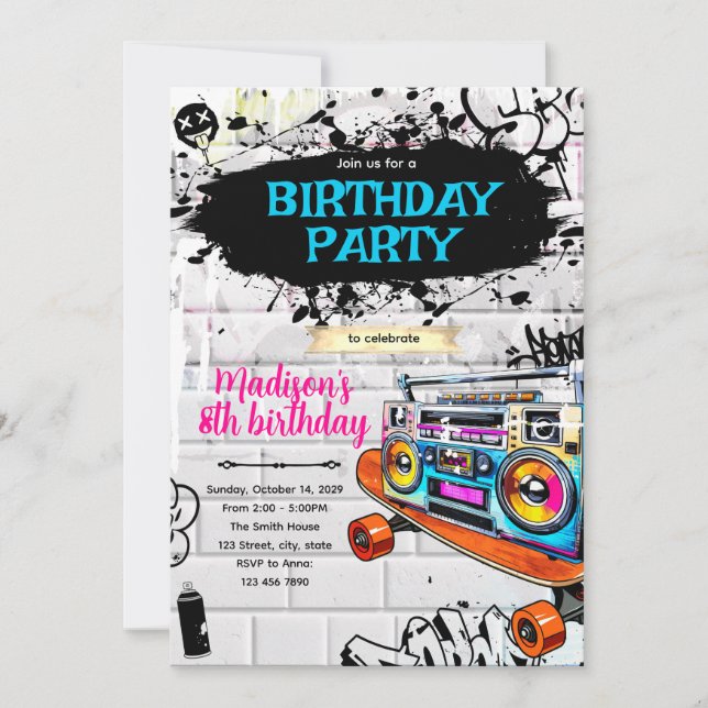 Invitación a fiesta de cumpleaños Hiphop 80s 90s (Anverso)
