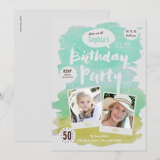 Invitación a fiesta de cumpleaños mujer acuarela (Anverso / Reverso)