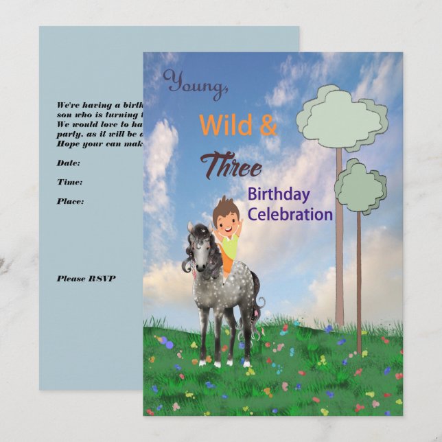 Invitación a fiesta de cumpleaños niño de 3 años (Anverso / Reverso)