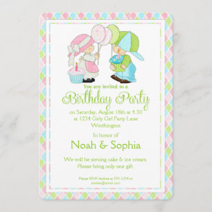 Invitación a fiesta de cumpleaños niño y Chica gem