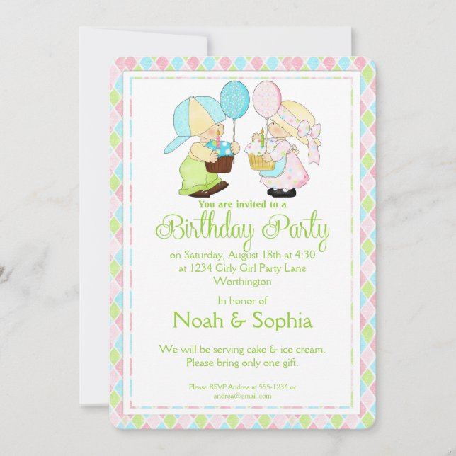 Invitación a fiesta de cumpleaños niño y Chica gem (Anverso)