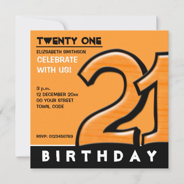 Invitación a fiesta de cumpleaños número 21 naranj (Anverso)