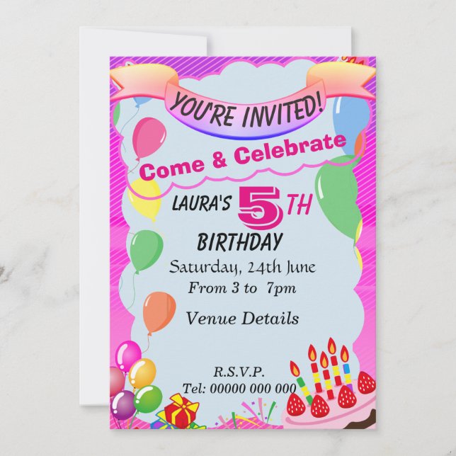 Invitación a fiesta de cumpleaños número 5 años (Anverso)