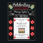 Invitación a fiesta de cumpleaños número 75 de Rei<br><div class="desc">Los clientes apreciarán el tema del casino para esta invitación especial de cumpleaños número 75 para una dama especial a la que le encanta jugar.  Completada con dados,  fichas y la carta de la reina de corazones,  esta invitación de cumpleaños 75 es fácil de personalizar rellenando la plantilla dada.</div>