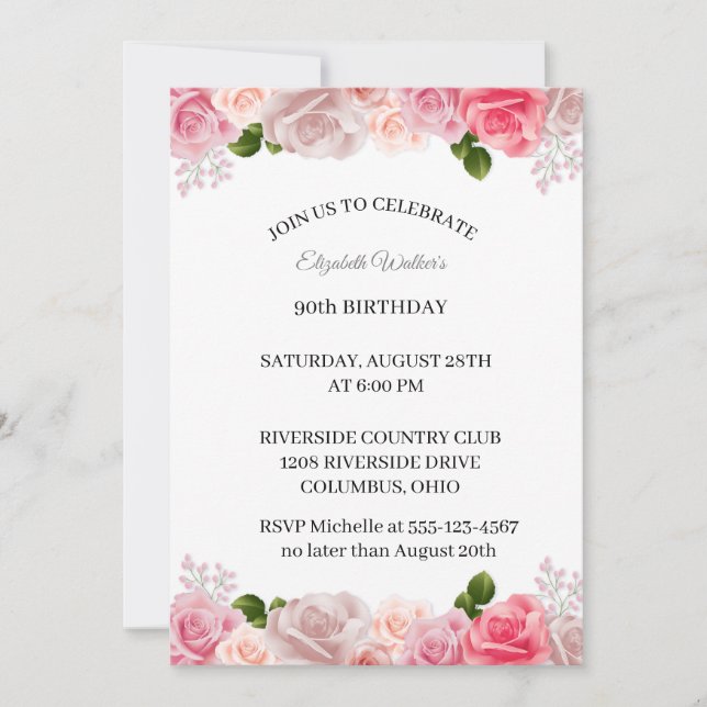 Invitación a fiesta de cumpleaños número 90 de Ros (Anverso)