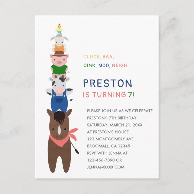 Invitación a fiesta de cumpleaños para animales de (Anverso)