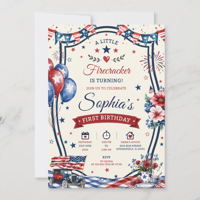 Invitación a fiesta de cumpleaños patriótica del 4 (Anverso)