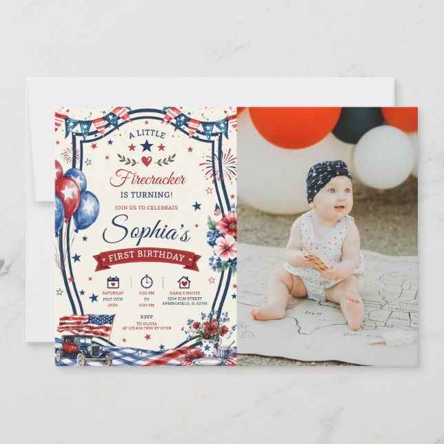 Invitación a fiesta de cumpleaños patriótica del 4 (Anverso)