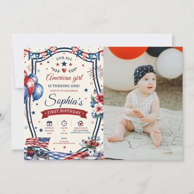 Invitación a fiesta de cumpleaños patriótica del 4 (Anverso)