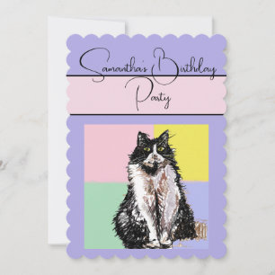 Invitación a fiesta de cumpleaños púrpura de gatos