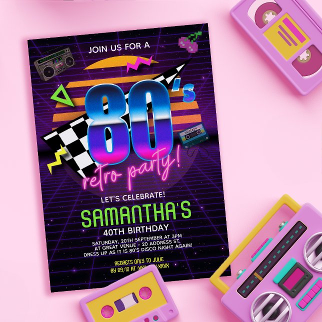 Invitación a fiesta de cumpleaños retro de los año ( Travel back to the totally bodacious 80’s with this retro 80s birthday invitation.)
