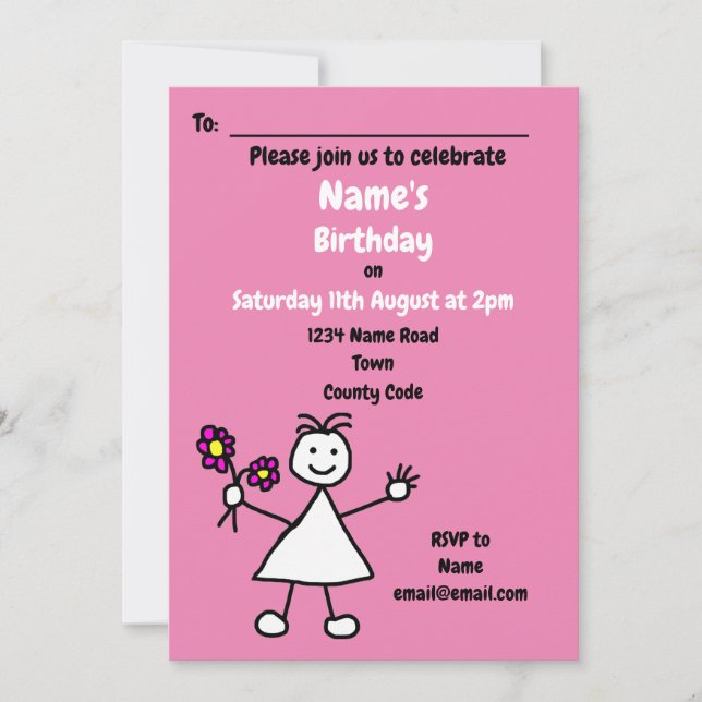 Invitación a fiesta de cumpleaños rosada de Chica  (Anverso)