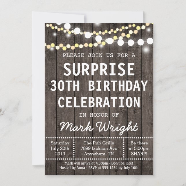 Invitación a fiesta de cumpleaños sorpresa para ad (Anverso)