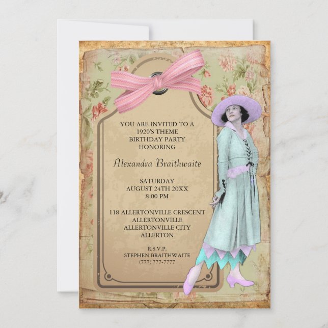 Invitación a fiesta de cumpleaños temática de 1920 (Anverso)