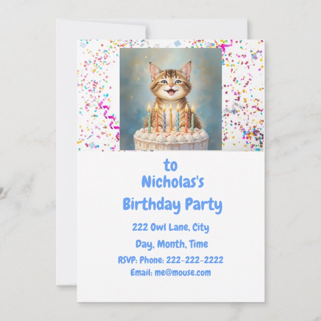 Invitación a fiesta de cumpleaños temática de Gato (Reverso)