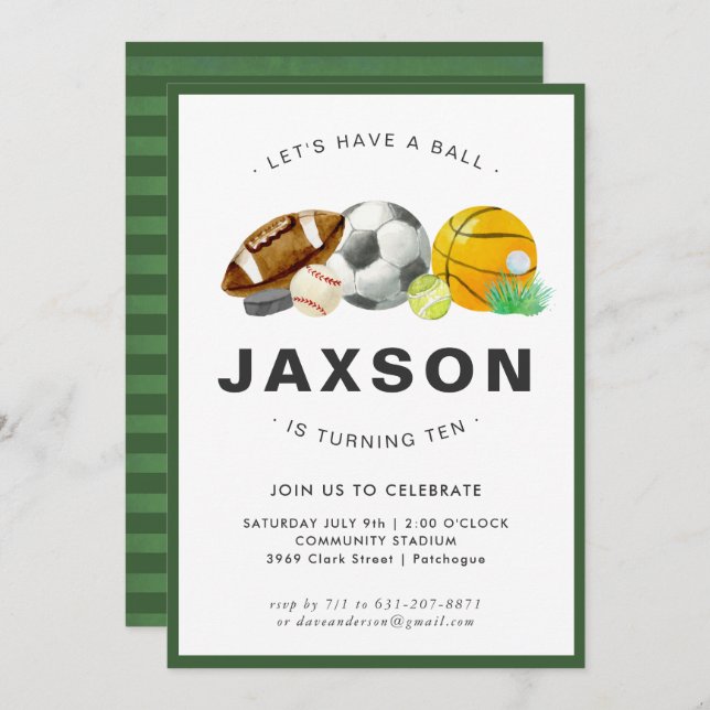Invitación a fiesta de cumpleaños temática deporti (Anverso / Reverso)