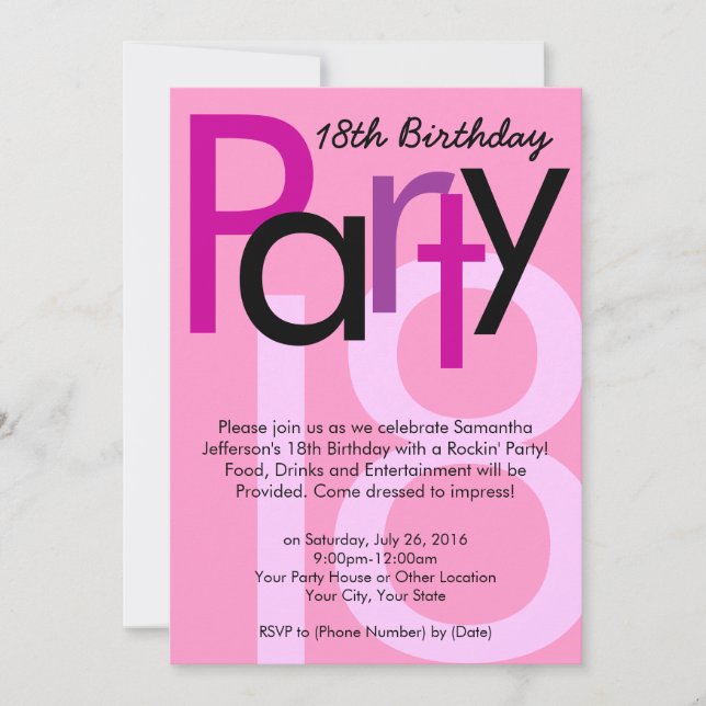 Invitación a fiesta de cumpleaños tipo 18 rosa (Anverso)