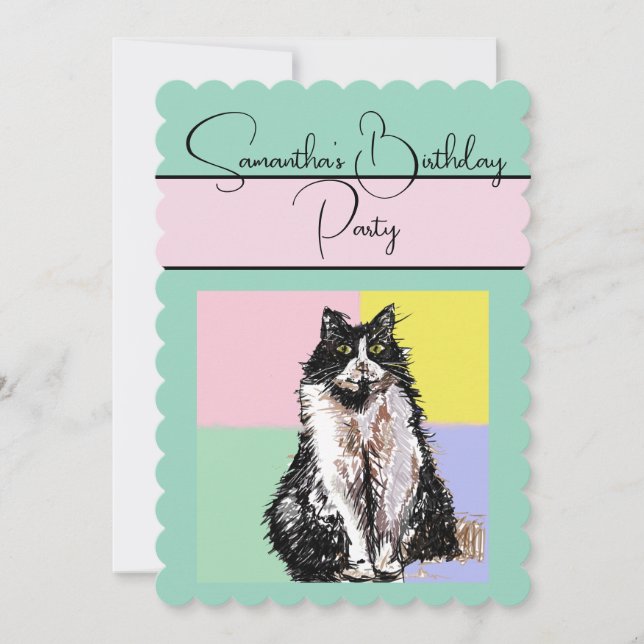 Invitación a fiesta de cumpleaños verde para gatos (Anverso)