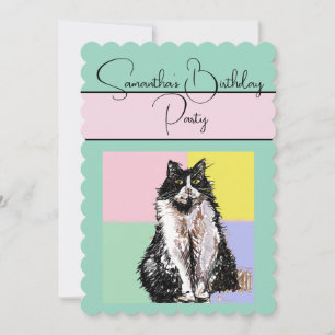 Invitación a fiesta de cumpleaños verde para gatos