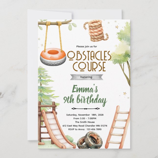 Invitación a fiesta de curso de obstáculos para ni (Anverso)