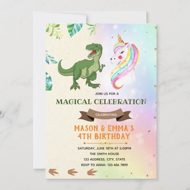Invitación a fiesta de Cute dinosaur unicorn (Anverso)