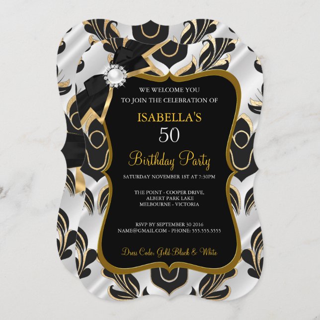 Invitación a Fiesta de Damasco Negro Elite White P (Anverso / Reverso)