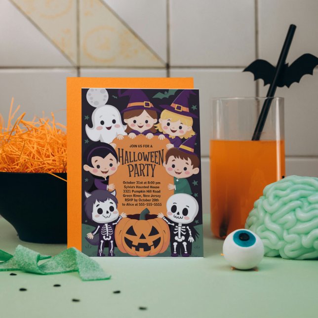 Invitación a fiesta de disfraces de Halloween para (Halloween Party Invitation for Kids.)