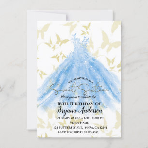 Invitación a fiesta de dulces 16 vestido azul bail