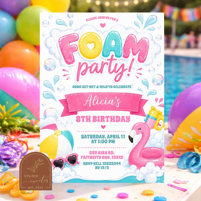 Invitación a fiesta de espuma rosa para niña (Subido por el creador)