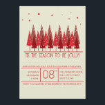 Invitación a Fiesta de feriado de árboles de navid<br><div class="desc">La invitación tiene un fondo amarillo pálido y cuenta con árboles de Navidad en varios tonos rojos cubiertos de copos de nieve blancos. ¡Esta hermosa tarjeta puede ser usada para invitaciones de Navidades/Fiestas de feriado o incluso para invitaciones de Navidades a la casa abierta!</div>