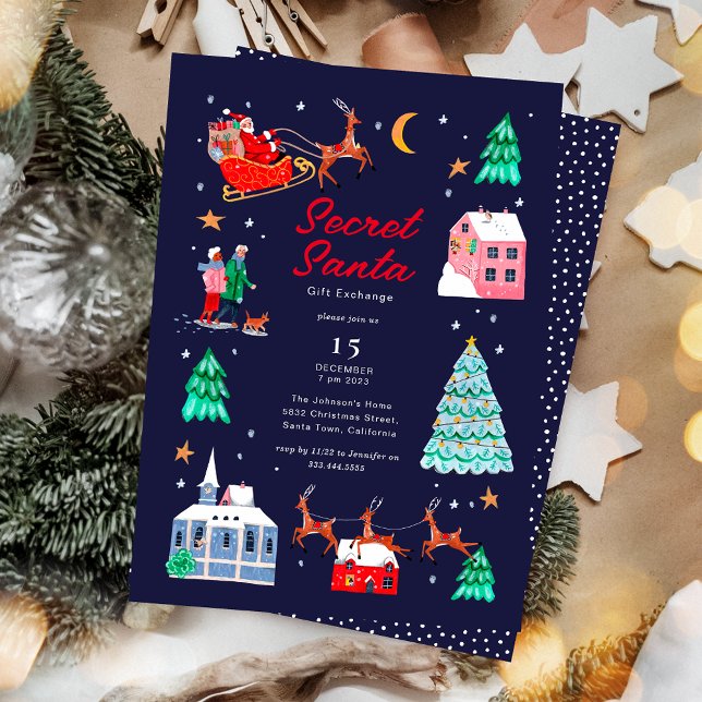 Invitación a fiesta de feriado de Navidades secret (Secret Santa Christmas Holiday Party Invitation)