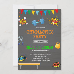 invitación a fiesta de gimnasia de superhéroe